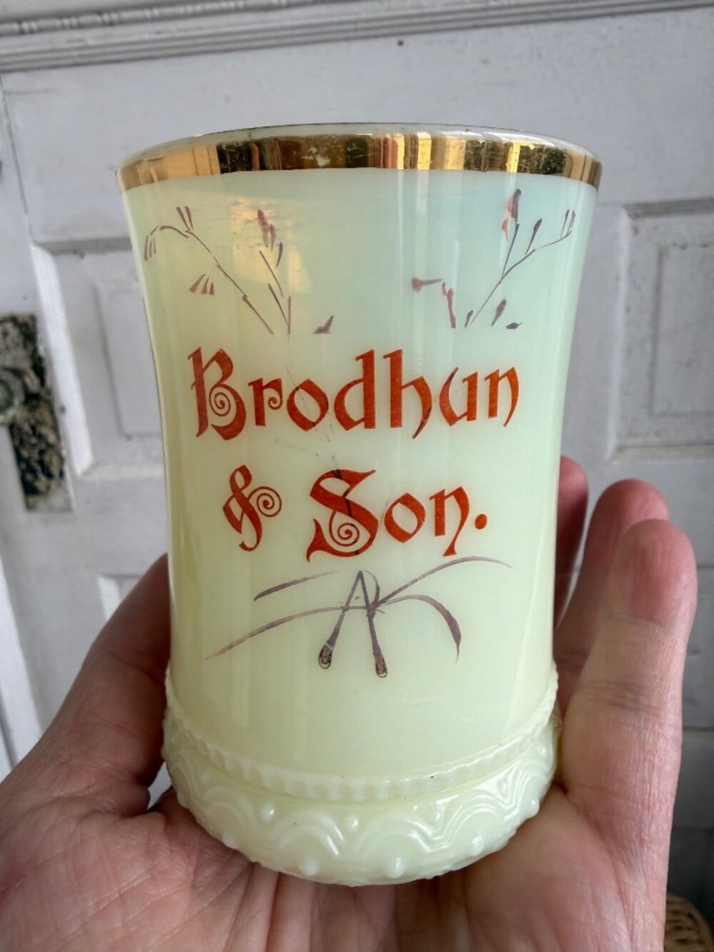 Antique Heisey Custard Glass Tumbler Uranium Advertising Brodhun & Son - Picture 13 of 14